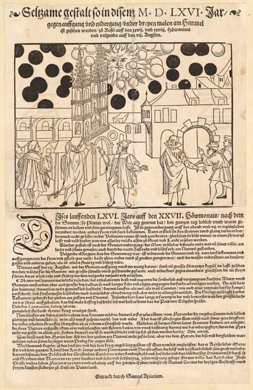 Flugblatt of Basel 1566, часть&nbsp;коллекции&nbsp;Wickiana

Seltzame gestalt so in disem M. D. LXVI. Jar, gegen auffgang und nidergang, under dreyen Malen am Himmel
