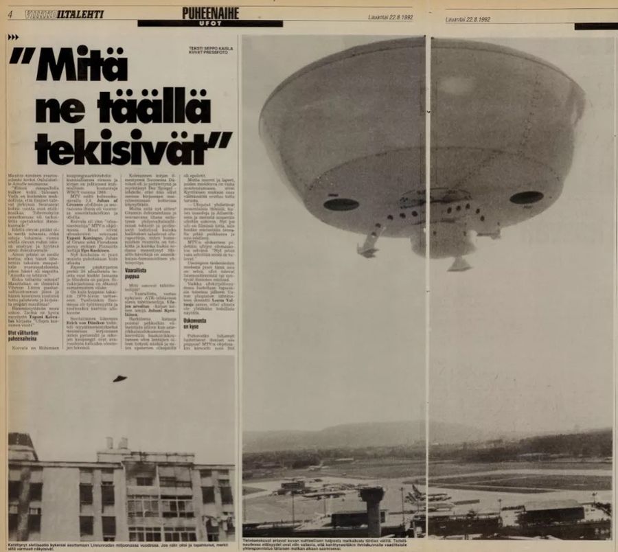 Illustration from the article of the newspaper "Iltalehti" ("Iltalehti") about UFOs in 1992