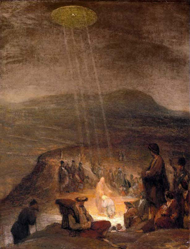 "El bautismo de Cristo" de Aert de Gelder (Museo Fitzwilliam, Cambridge)Como se puede adivinar fácilmente, el OVNI fue adoptado por un disco, del cual emanan cuatro rayos luminosos.En el catálogo del Museo Fitzwilliam editado por G. Gerson y J. R. R. Tolkien. W. Goodison puede leerse:
"En el primer plano del paisaje montañoso, Cristo es bautizado por San Juan en medio de un círculo de espectadores. Las dos figuras están brillantemente iluminadas por los rayos de una Paloma en lo alto, en el fondo de la oscuridad general..."
En general, aquí el disco luminoso en el cielo es similar a otros que aparecen en muchos "Bautismos de Cristo", dentro de los cuales se representa una paloma, el símbolo de la tercera persona de la Trinidad, donde el resplandor denota la divinidad.