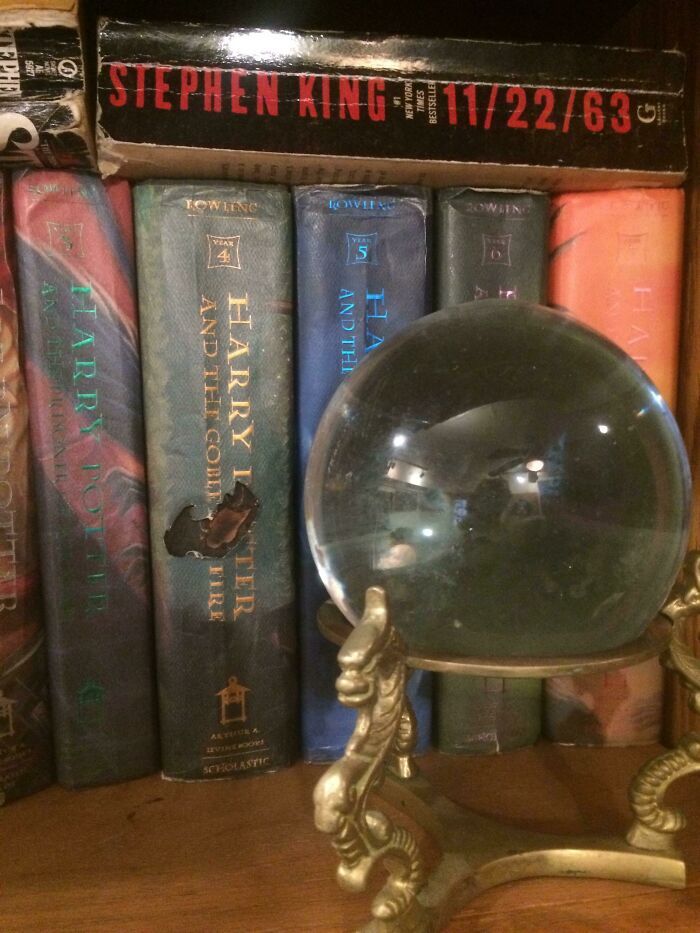 The sun shone through a crystal ball and burned a hole in one of the Harry Potter books