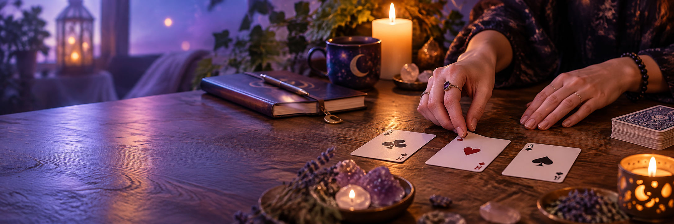 Playing cards laid out on a candlelit table for a beginner cartomancy practice