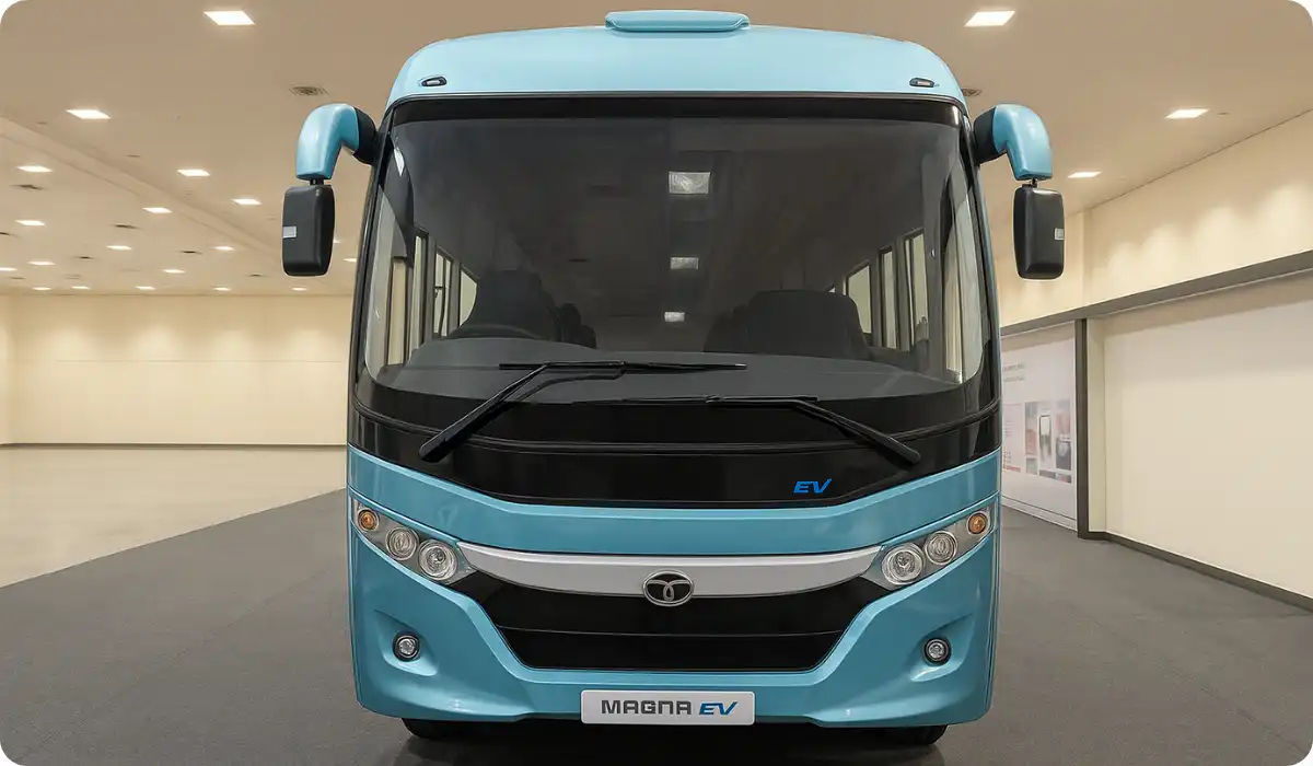 Top 5 Buses Displayed at Passenger Vehicle Expo 2025 Tata Magna EV 13.5M bus displayed at Passenger Vehicle Expo 2025