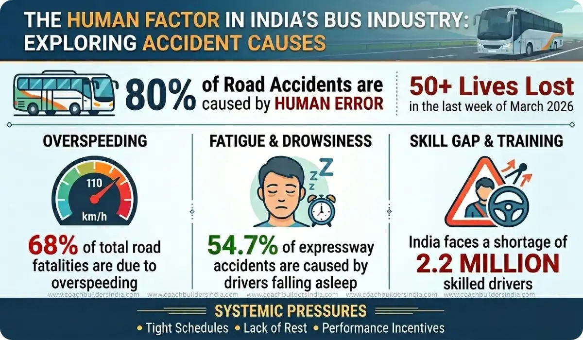 Data infographic for Indian bus accidents in March 2026, showing 80% human error and overspeeding risks.