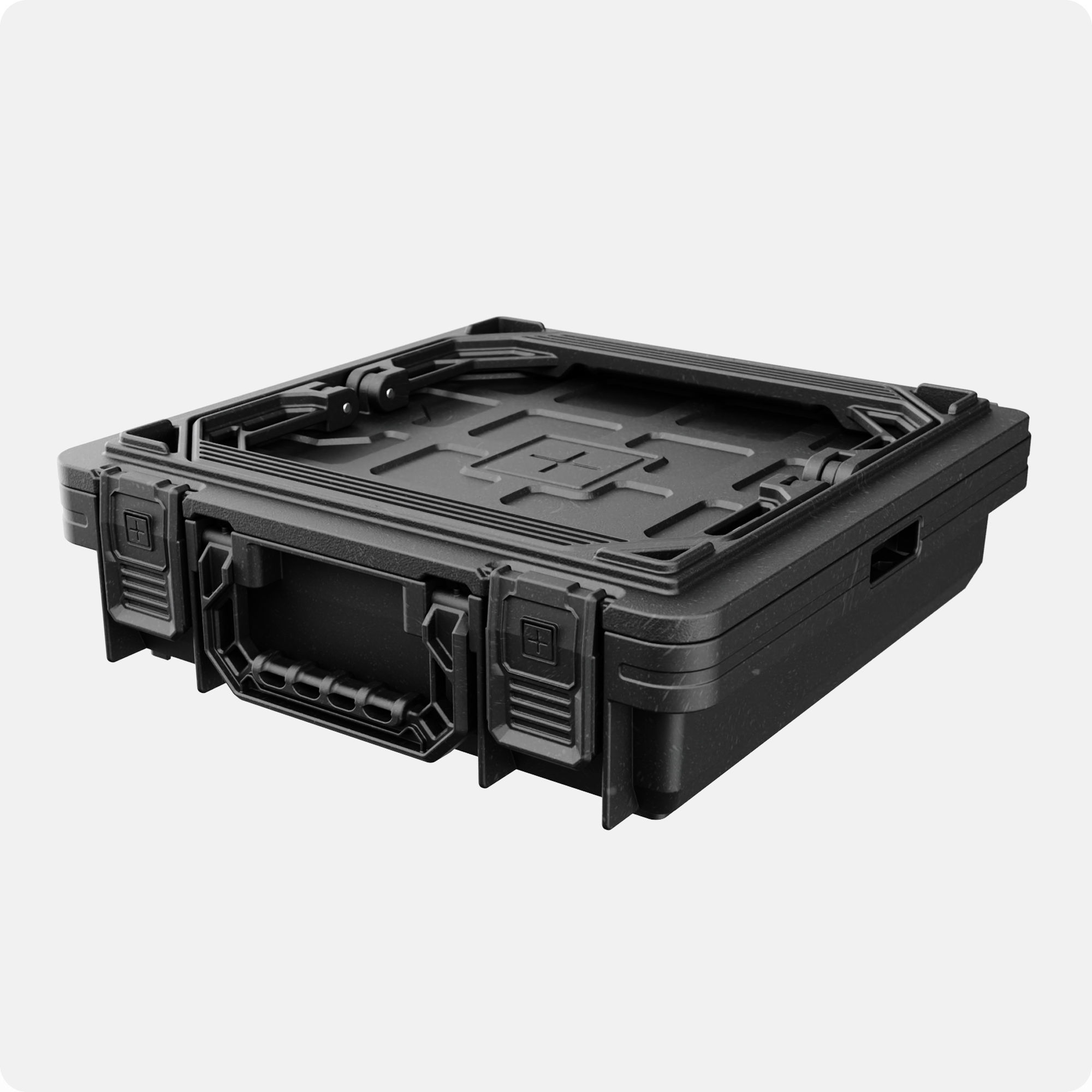 A black UbeCube BaseBox™ resting with the black, solid lid closed