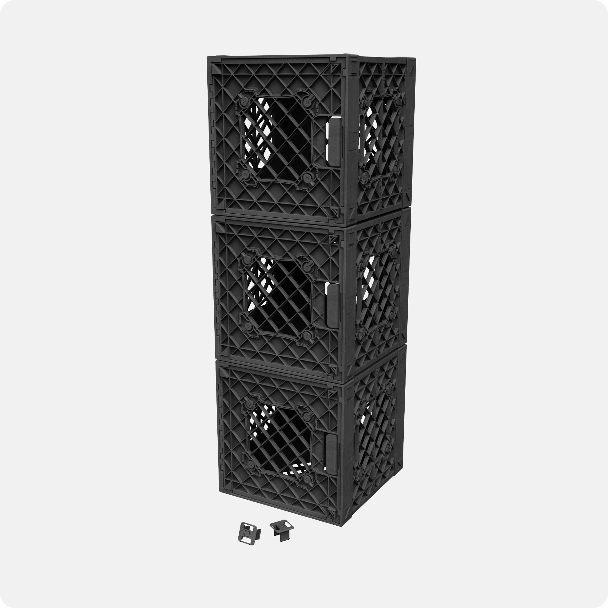 3 UC01 crates stacked on top of each other with Snap-Fit Connectors placed out front.