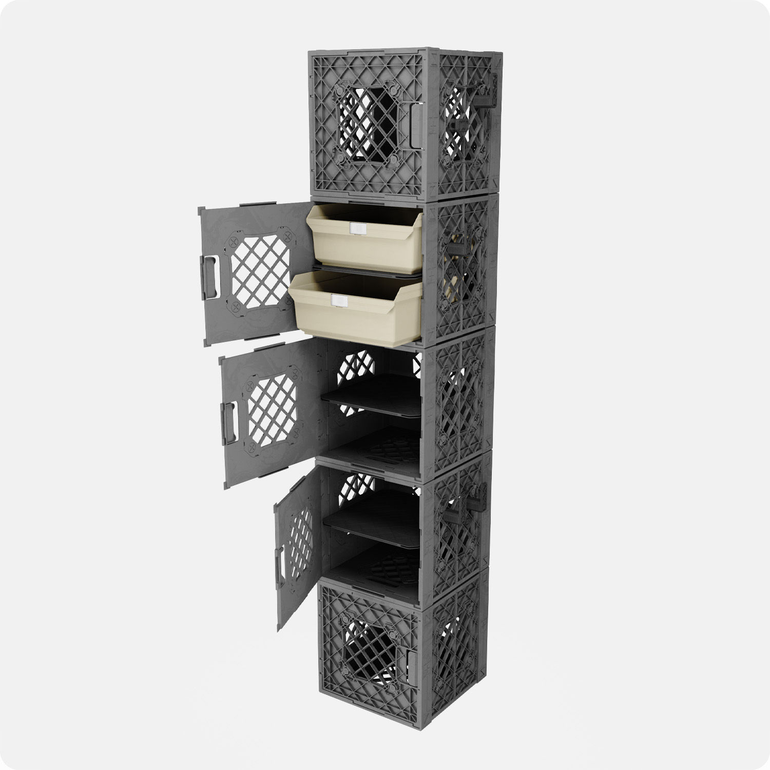 CrateCloset Tower built out of 5 grey UC01 crates, 1 sand 1x2 Outfitter Kits, 2 CrateShelf kits, connectors, and attachments.