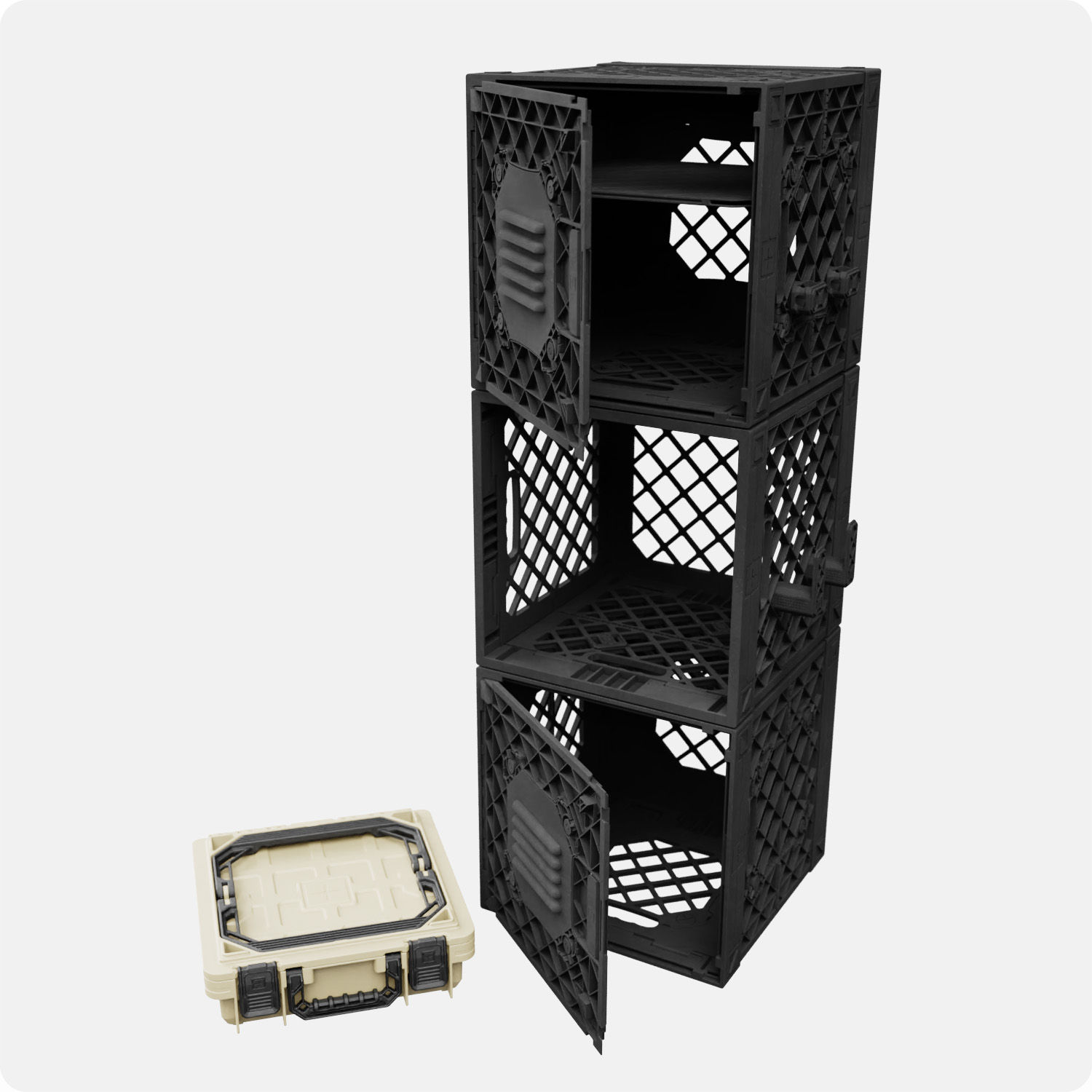 A black CrateShot LoadUp kit with 2 UC01 Mod Locking crates, 1 UC02 Lidless Crate, 2 Locker MOD Panels, 1 Field Box, attachments, and connectors.