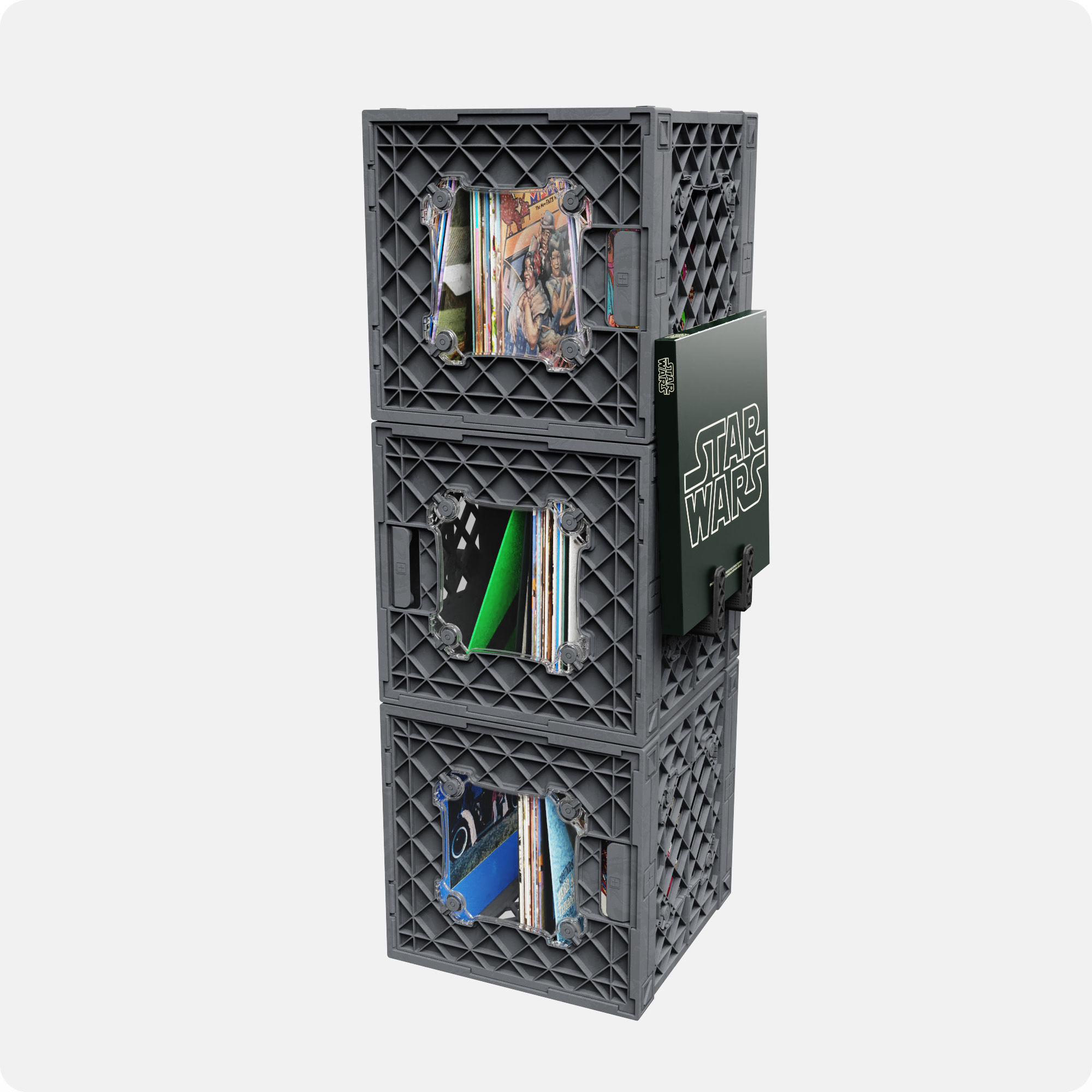 CrateVinyl™ Tower with UC01 Crates, MOD Window Panels, and CrateHooks to store vinyl records.