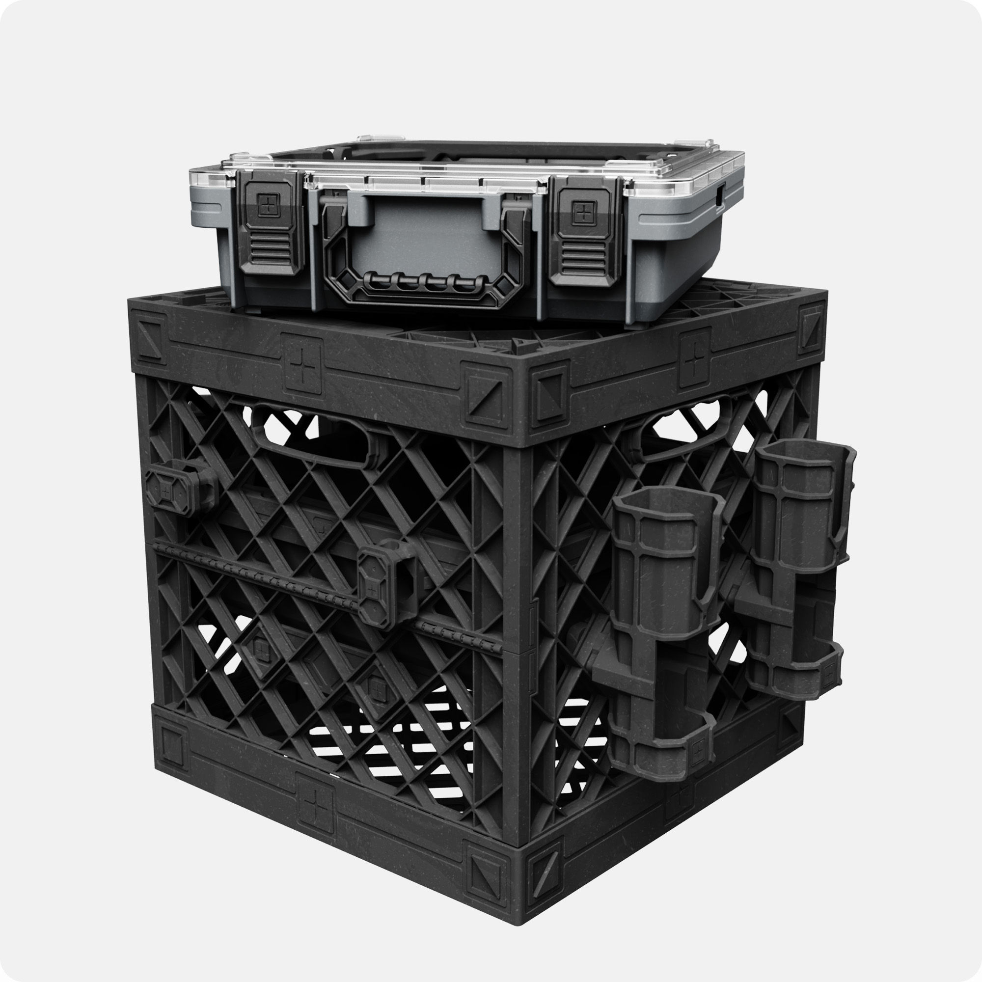 A CrateWhite PaddleOn with a Tacklebox, black Single Bay Drop-In Tray, Fishing Pole Holders, and attachments.