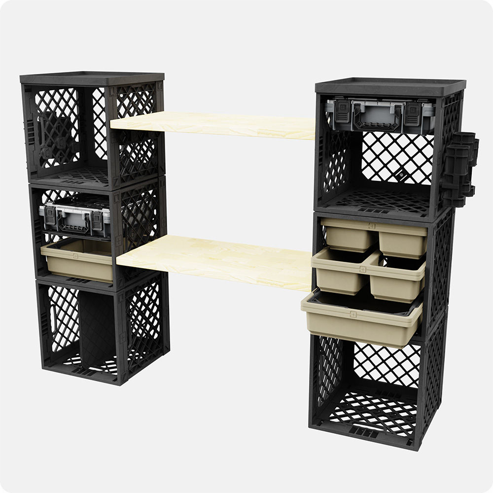 A CrateWhite TackleStack 03 with 6 black UC02 lidless crates, 2 Tackleboxes, 2 sand Single Bay Drop-In Trays, 2 sand Dually Drop-In Trays, Fishing Pole Holders, and other attachments.