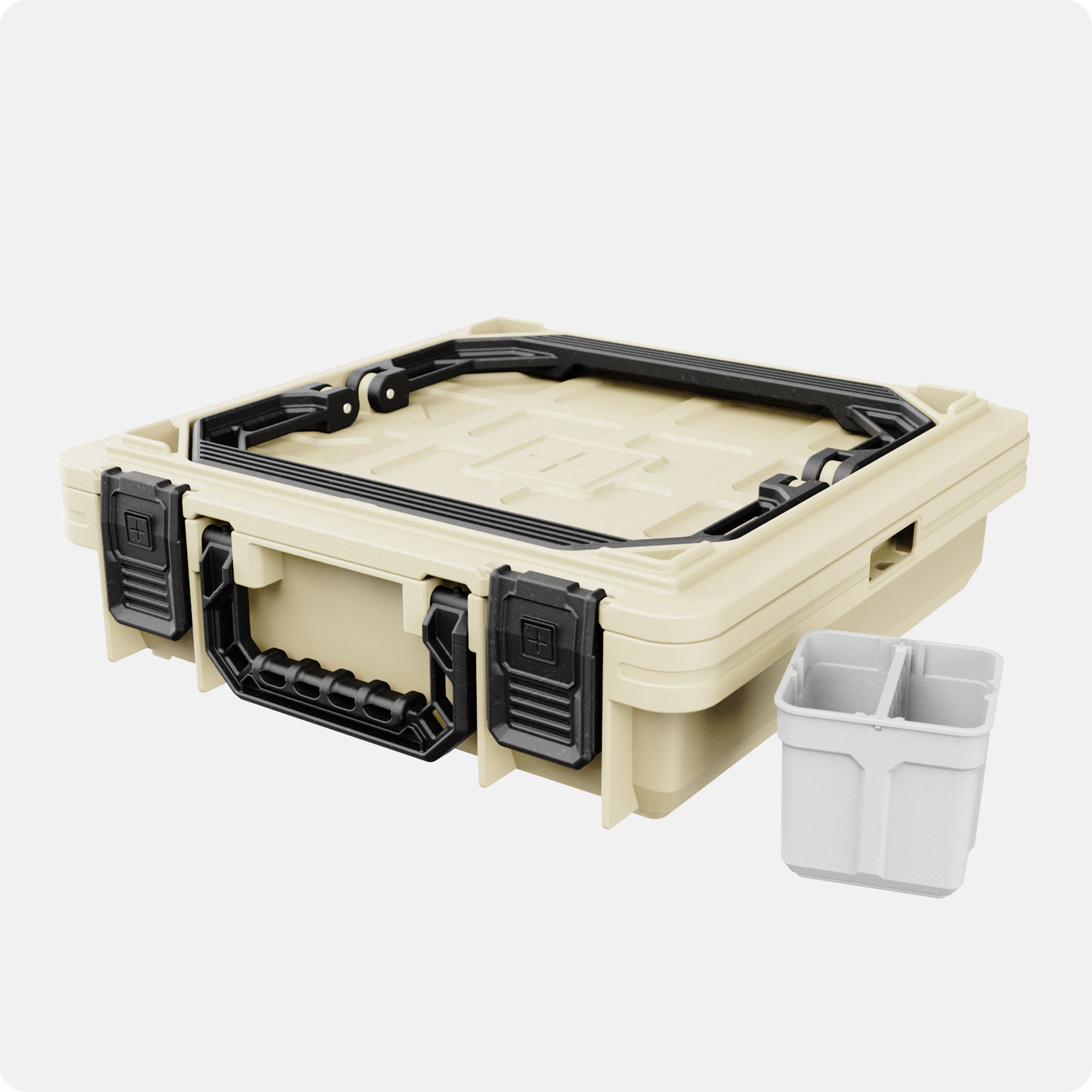 CrateShot Field Box with Sand Body and Solid, Sand lid, with light grey Bin placed out front.