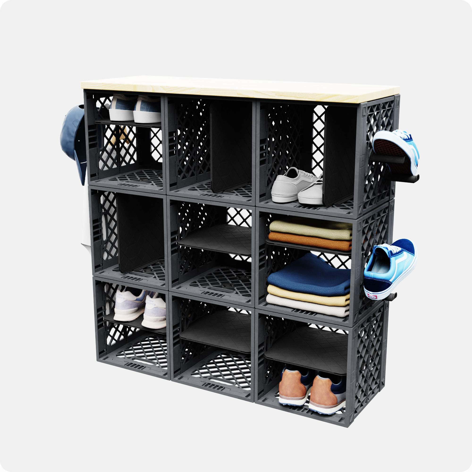 A KickStand Grid built out of 9 grey UC02 lidless crates, 9 CrateShelf kits, connectors, and attachments.