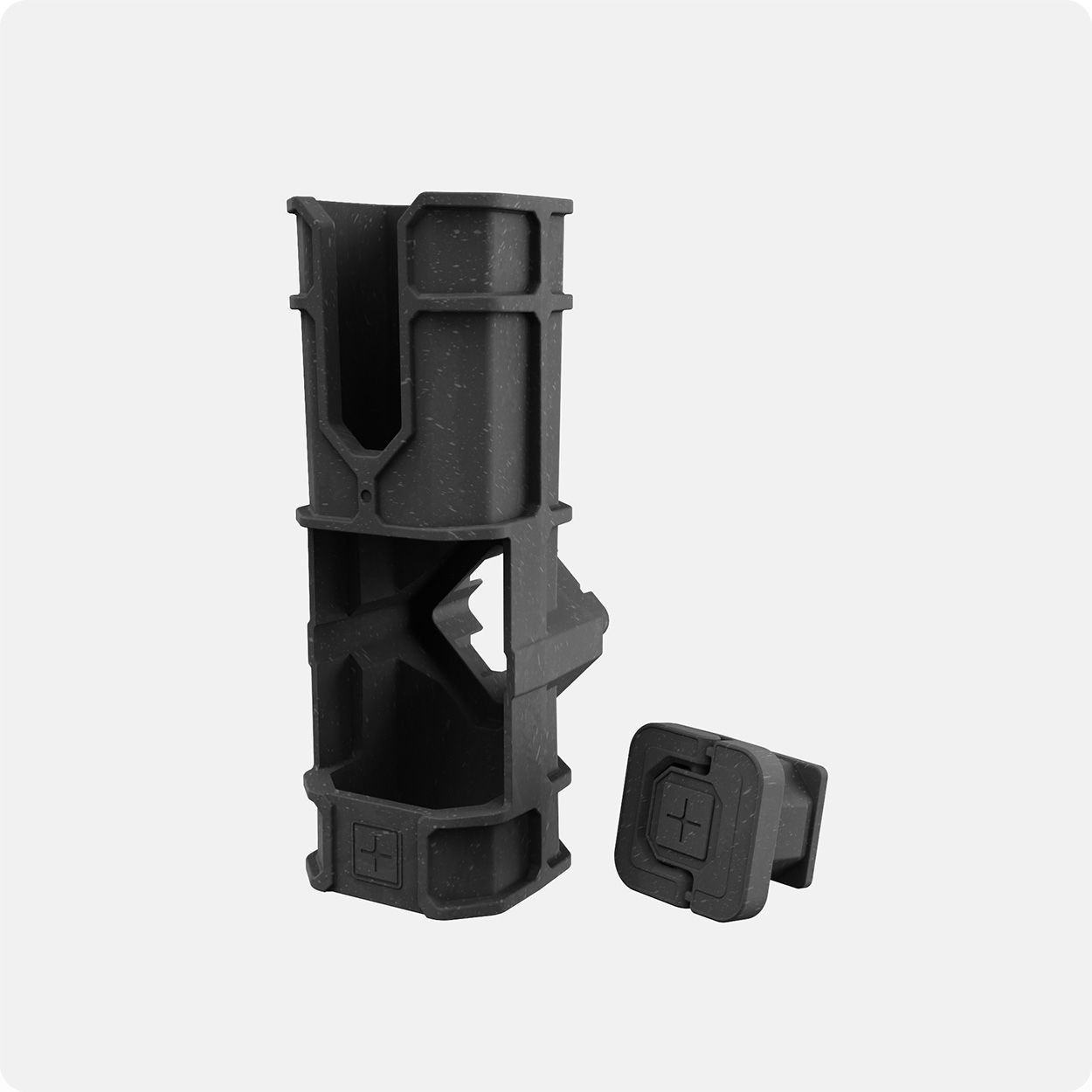 Black Fishing Pole Holder with a black D-Ring connector resting next to it.