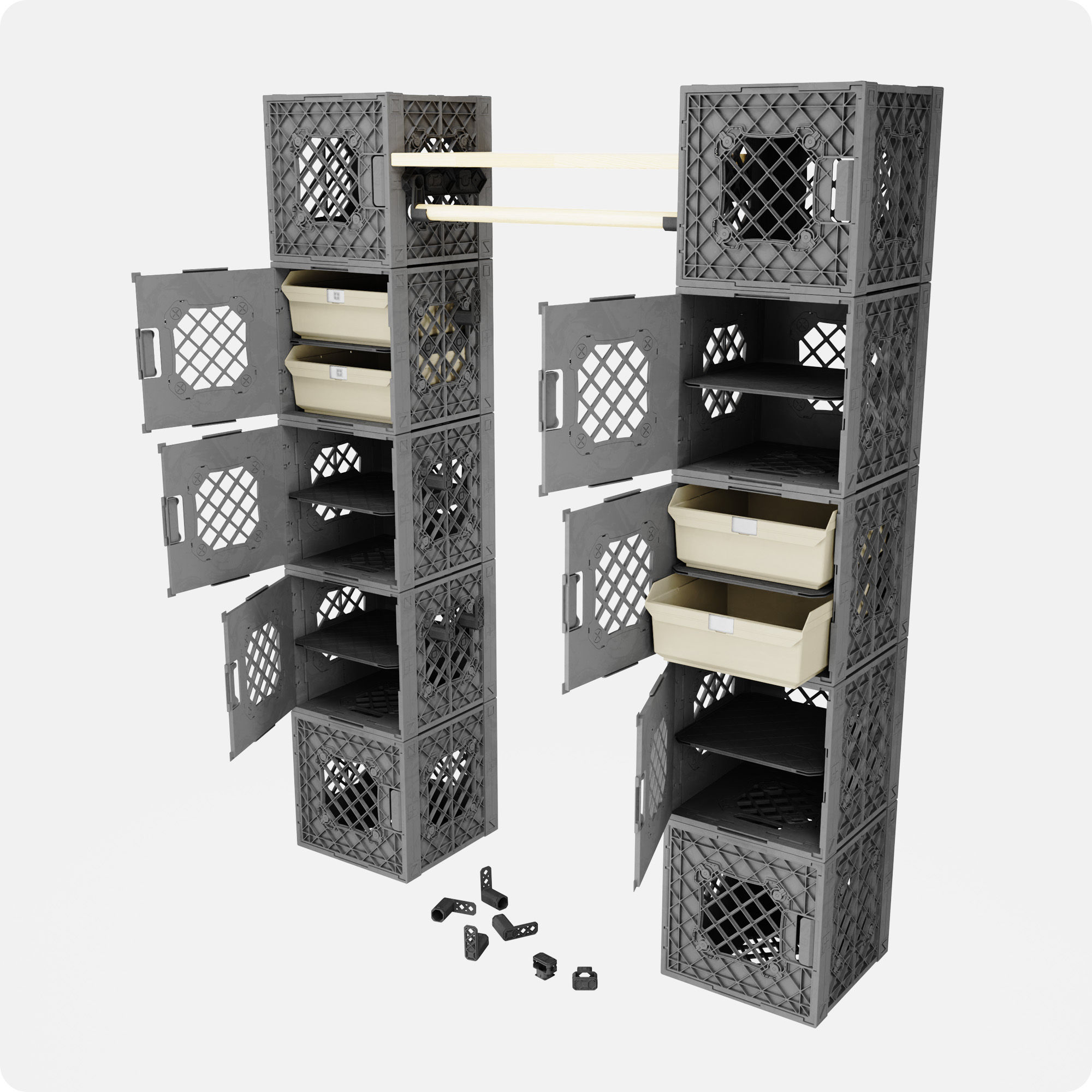 CrateCloset Base Bundle built out of 10 grey UC01 crates, 2 sand 1x2 Outfitter Kits, 4 CrateShelf kits, connectors, and attachments. 