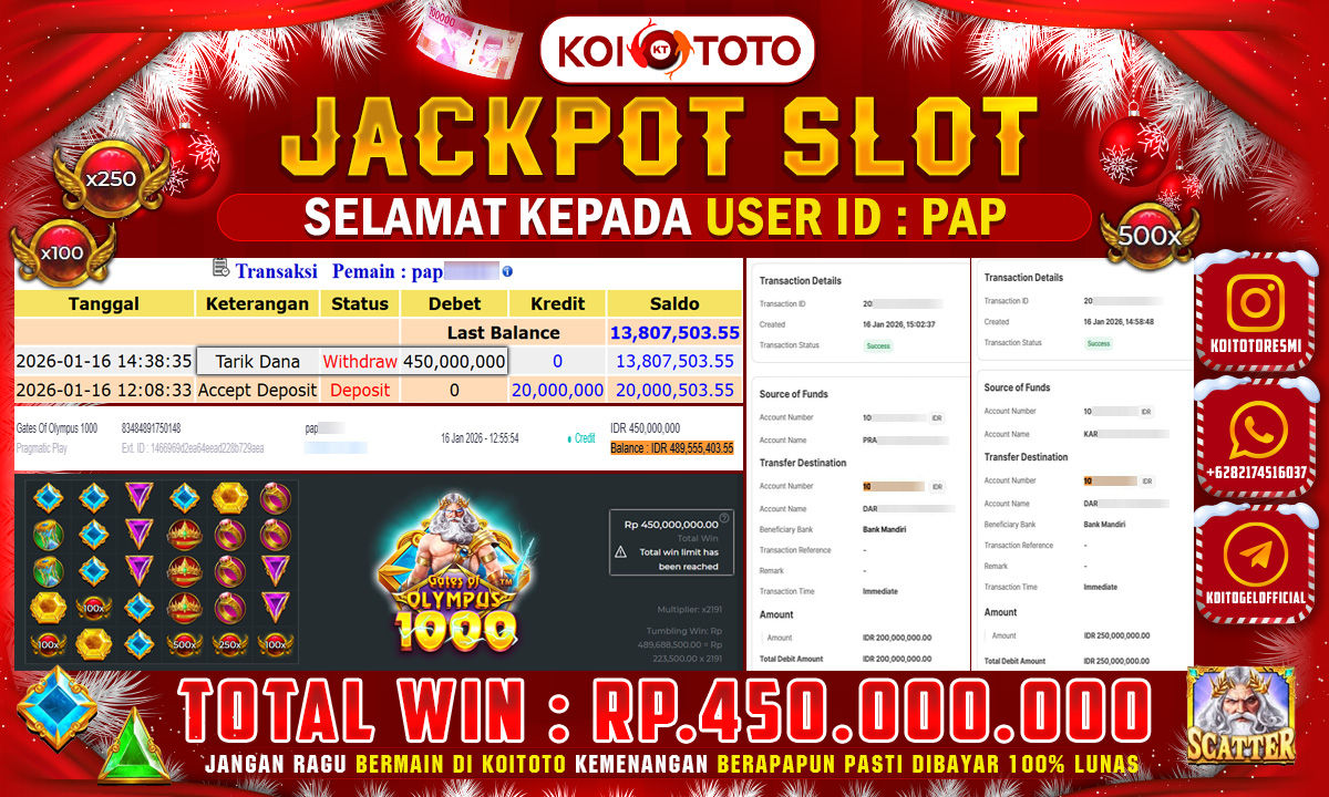 MAX WIN !! KEMENANGAN BESAR DI PERMAINAN GATES OF OLYMPUS 1000 SEBESAR RP 450.000.000 SECEPAT KILAT LANGSUNG DI BAYAR LUNAS OLEH KOITOTO !!
