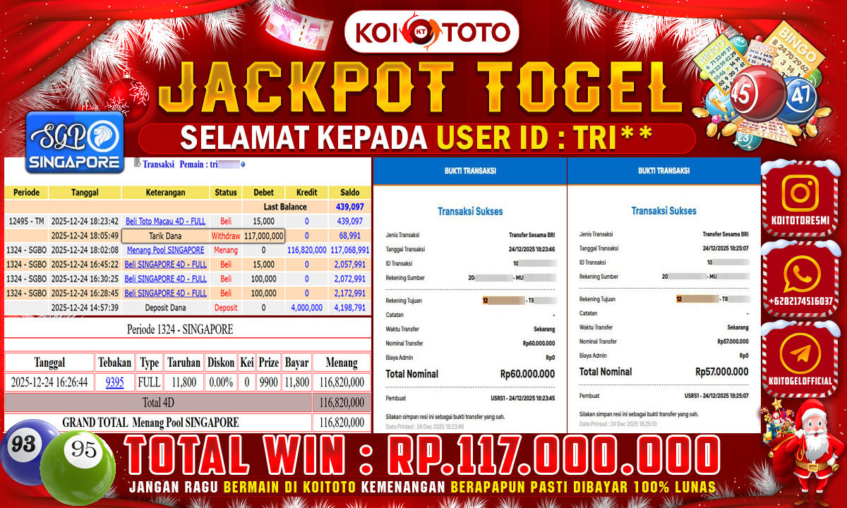 JACKPOT PAUS !! KEMENANGAN BESAR DI PASARAN SINGAPORE SEBESAR Rp 117.000.000 KOITOTO BAYAR SECEPAT KILAT !!
