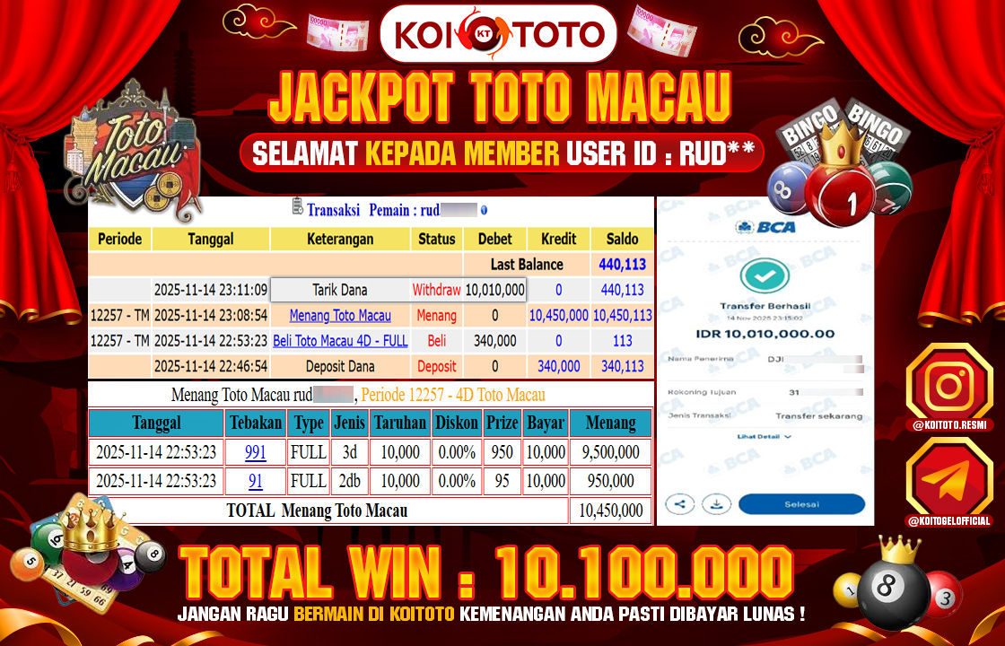 JACKPOT TOGEL !! MENANG BESAR DI PASARAN TOTO MACAU SEBESAR RP 10.100.000 !!  KOITOTO DIBAYAR SECEPAT KILAT