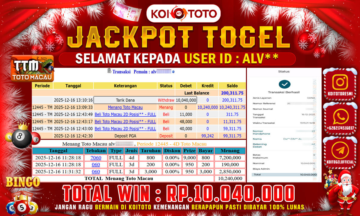 JACKPOT TOGEL !! MENANG BESAR DI PASARAN TOTO MACAU SEBESAR RP 10.040.000 !!  KOITOTO DIBAYAR SECEPAT KILAT
