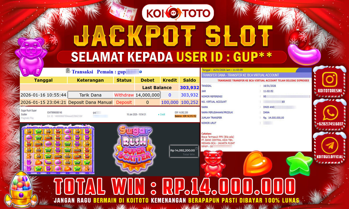 BIG WIN !! MENANG BESAR DI PERMAINAN SUGAR RUSH  SUPER SCATTER SEBESAR RP 14.000.000 !!! KOITOTO LANGSUNG BAYAR LUNAS