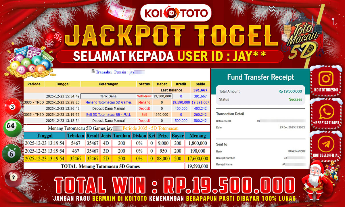 JACKPOT TOGEL !! MENANG BESAR DI PASARAN TOTO MACAO 5D SEBESAR RP 19.500.000 !!  KOITOTO DIBAYAR SECEPAT KILAT