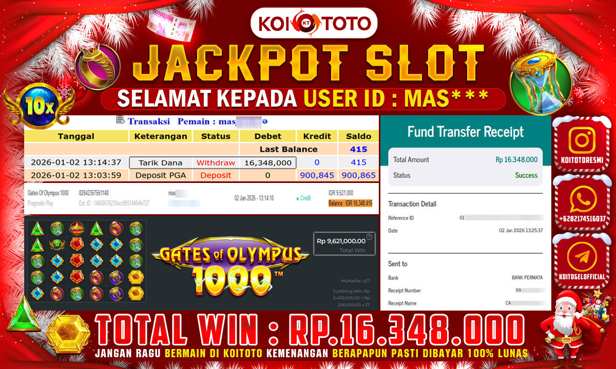 BIG WIN !! MENANG BESAR DI PERMAINAN GATES OF OLYMPUS 1000 SEBESAR RP 16.348.000 !!! KOITOTO LANGSUNG BAYAR LUNAS