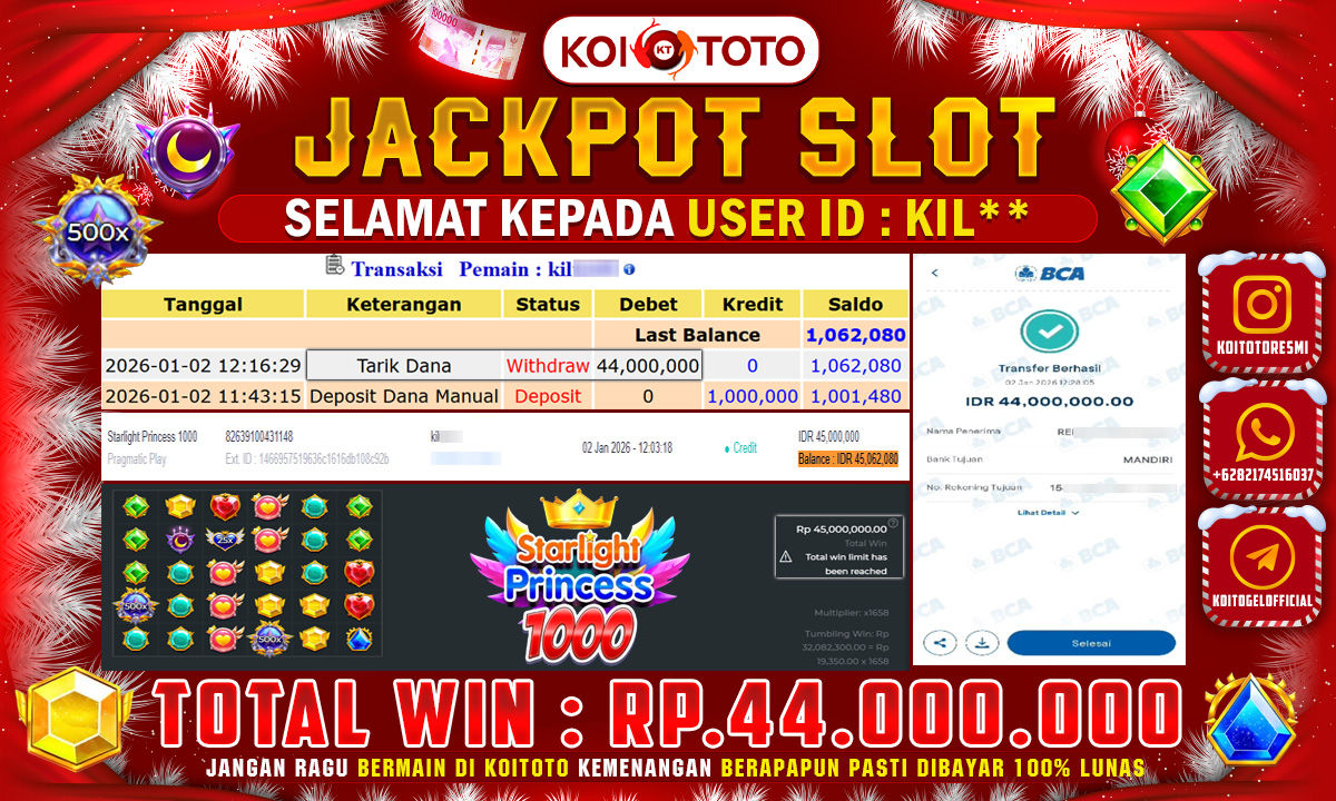 MAXWIN !! KEMENANGAN BESAR DI PERMAINAN STARLIGHT PRINCESS 1000 SEBESAR RP 44.000.000 SECEPAT KILAT LANGSUNG DI BAYAR LUNAS OLEH KOITOTO !!