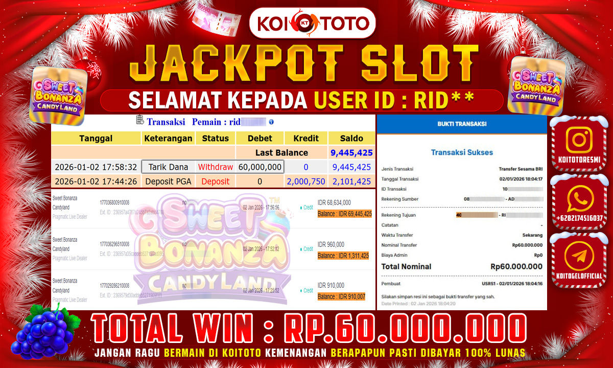 MEGA WIN !! MENANG PULUHAN JUTA DI PERMAINAN SWEET BONANZA CANDYLAND  SEBESAR RP 60.000.000 !!! KOITOTO LANGSUNG BAYAR LUNAS 
