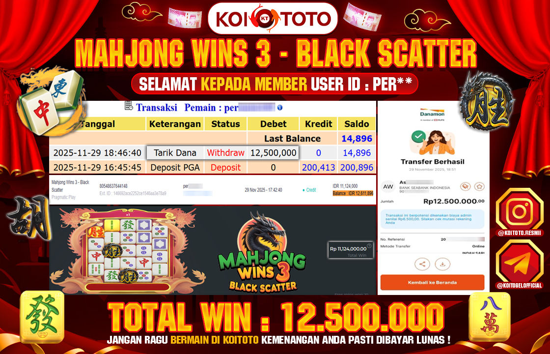 BIG WIN !! MENANG BESAR DI PERMAINAN MAHJONG WINS 3 BLACK SCATTER SEBESAR RP 12.500.000 !!! KOITOTO LANGSUNG BAYAR LUNAS