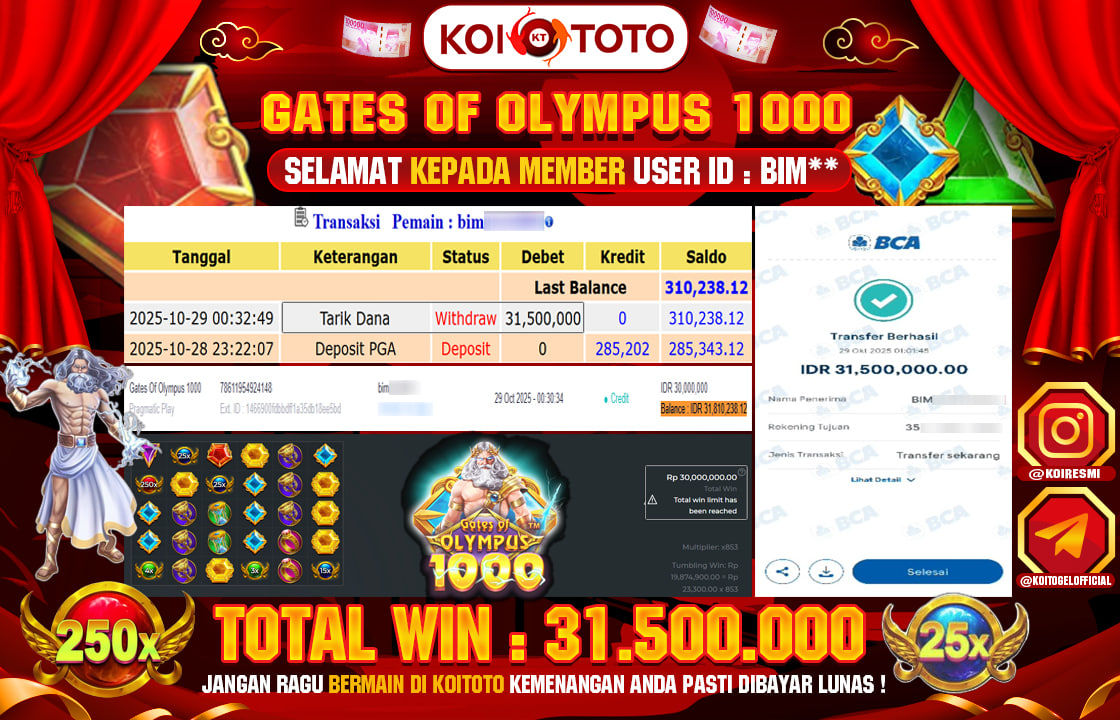 BIG WIN !! MENANG BESAR DI PERMAINAN GATES OF OLYMPUS 1000 SEBESAR RP 11.958.000 !!! KOITOTO LANGSUNG BAYAR LUNAS
