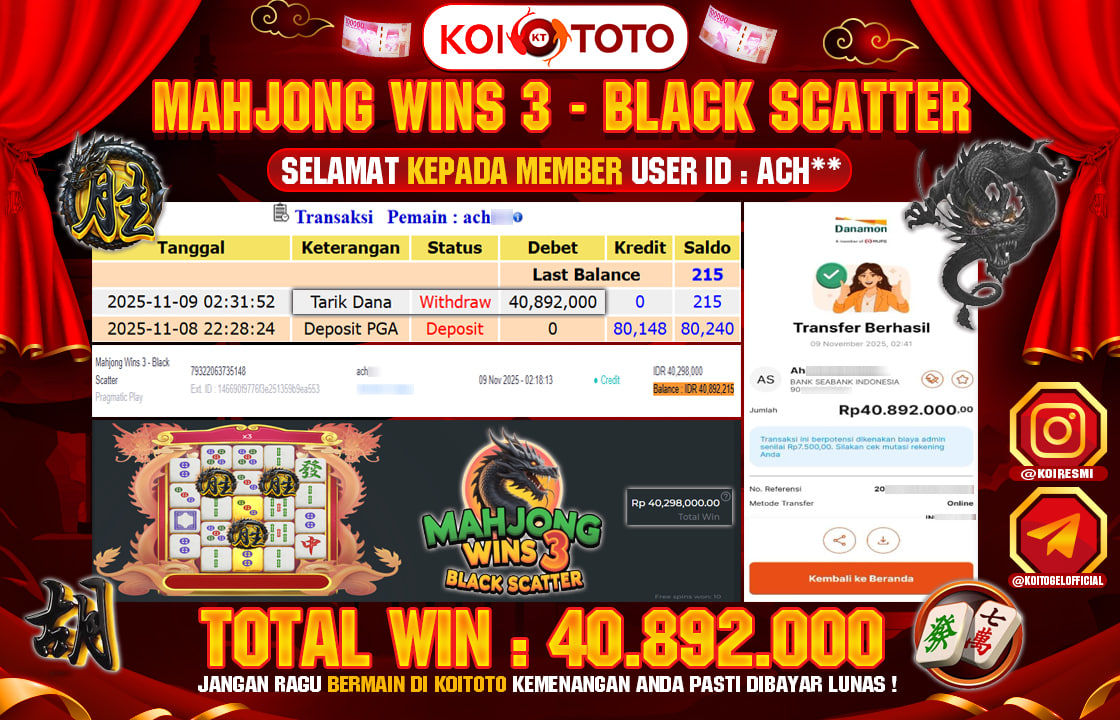 MEGA WIN !! MENANG PULUHAN JUTA DI PERMAINAN MAHJONG WINS 3 BLACK SCATTER SEBESAR RP 40.892.000 !!! KOITOTO LANGSUNG BAYAR LUNAS 