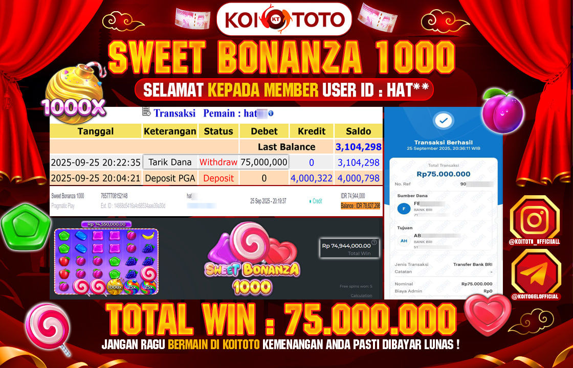 MEGA WIN !! MENANG PULUHAN JUTA DI PERMAINAN SWEET BONANZA 1000 SEBESAR RP 75.000.000 !!! KOITOTO LANGSUNG BAYAR LUNAS 