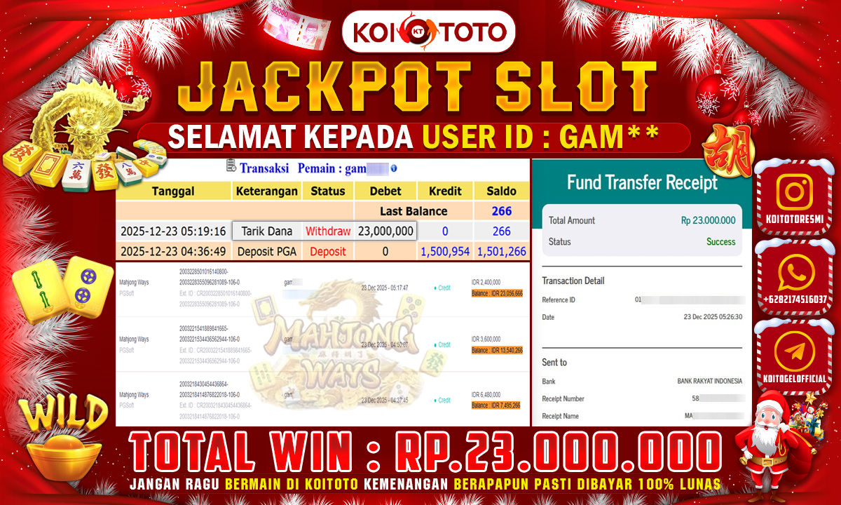 MEGA WIN !! MENANG PULUHAN JUTA DI PERMAINAN MAHJONG WAYS  SEBESAR RP 23.000.000 !!! KOITOTO LANGSUNG BAYAR LUNAS 
