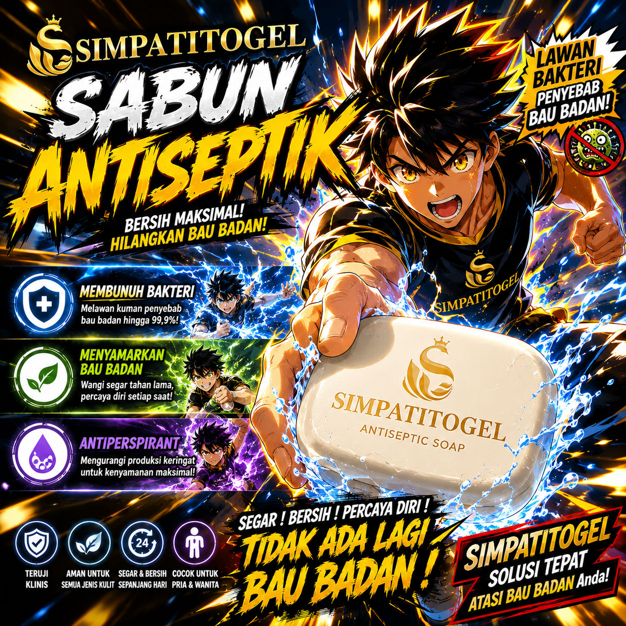 SIMPATITOGEL : Sabun antiseptik untuk membunuh bakteri,untuk menyamarkan bau badan, hingga antiperspirant untuk mengurangi produksi keringat