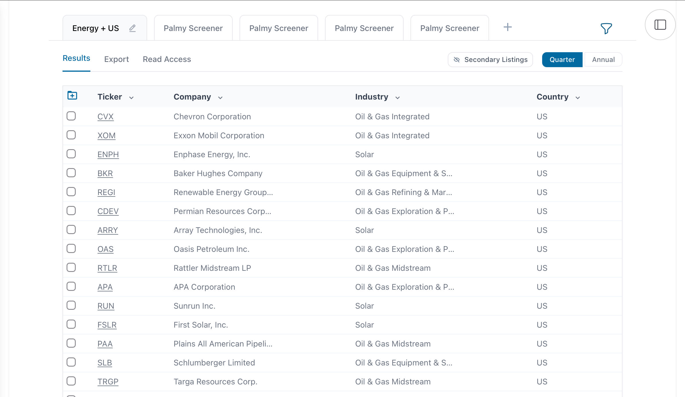 US and Energy stocks, filtered by Palmy's screener solution