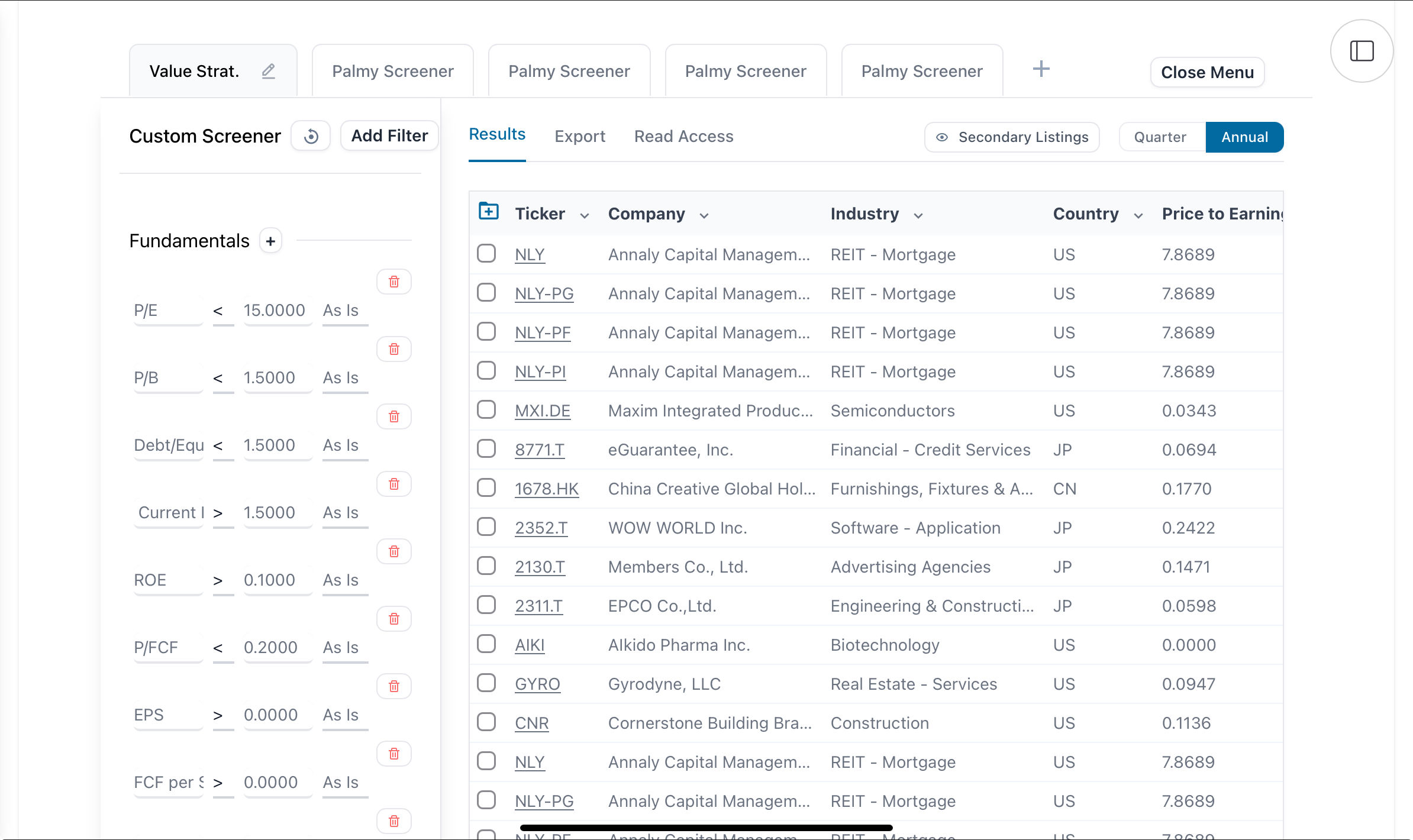 Screen result for value investing strategy exmaple. Palmy Investing.