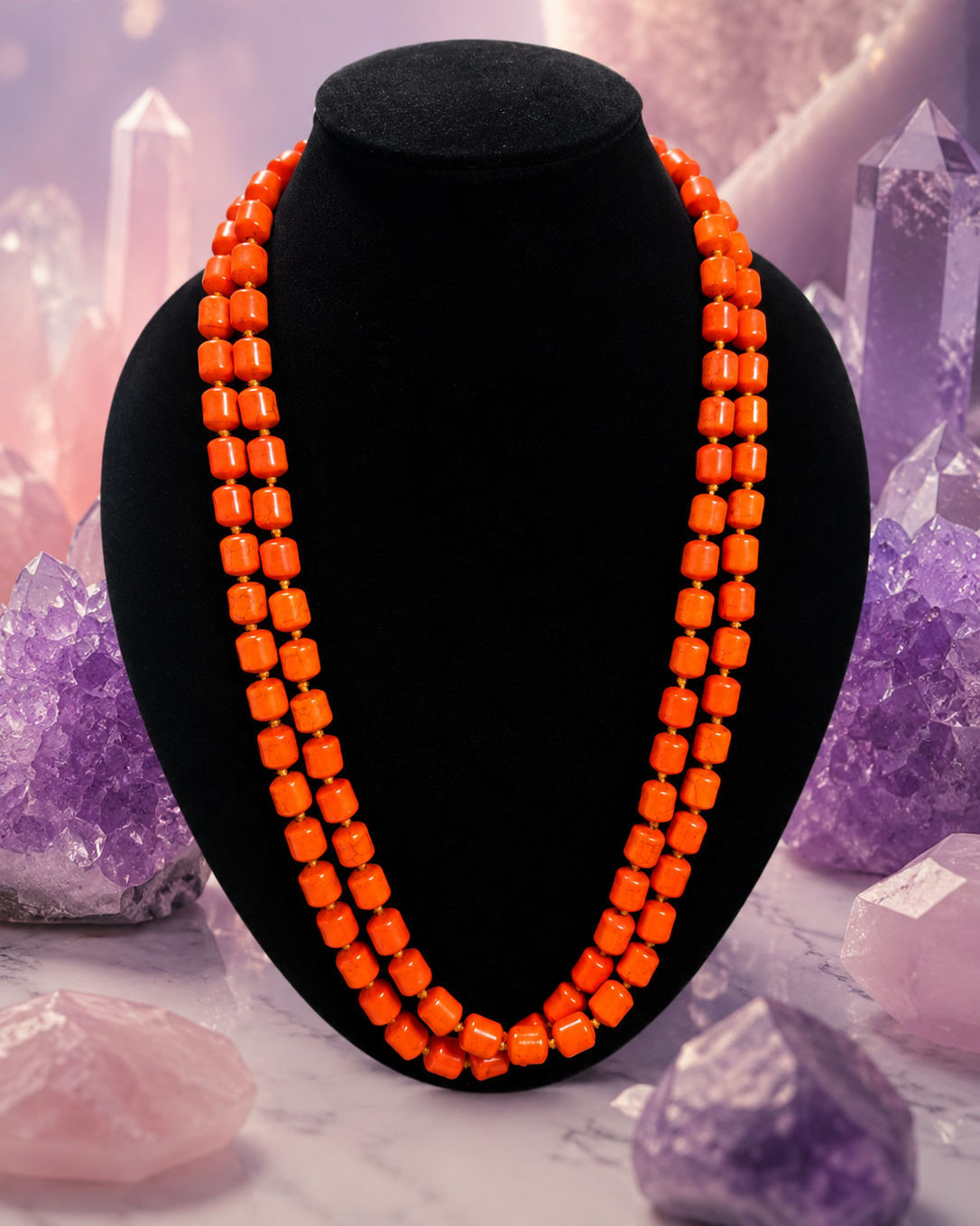 Double layer coral powder pressed beads garland