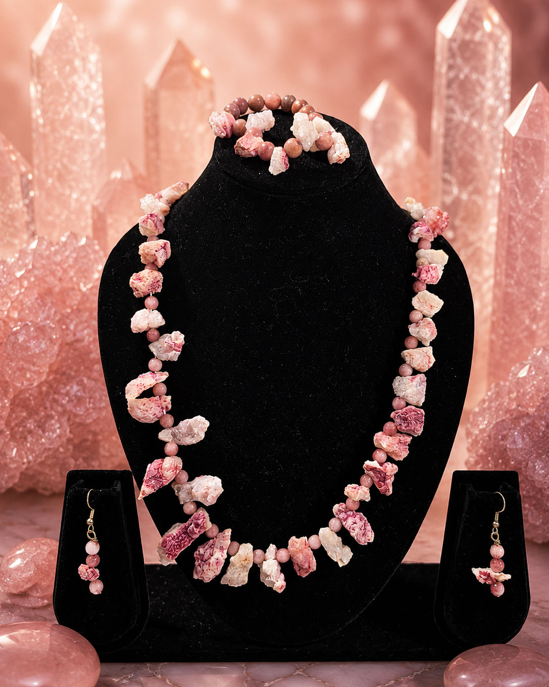 raw geode necklace with earrings & bracelet