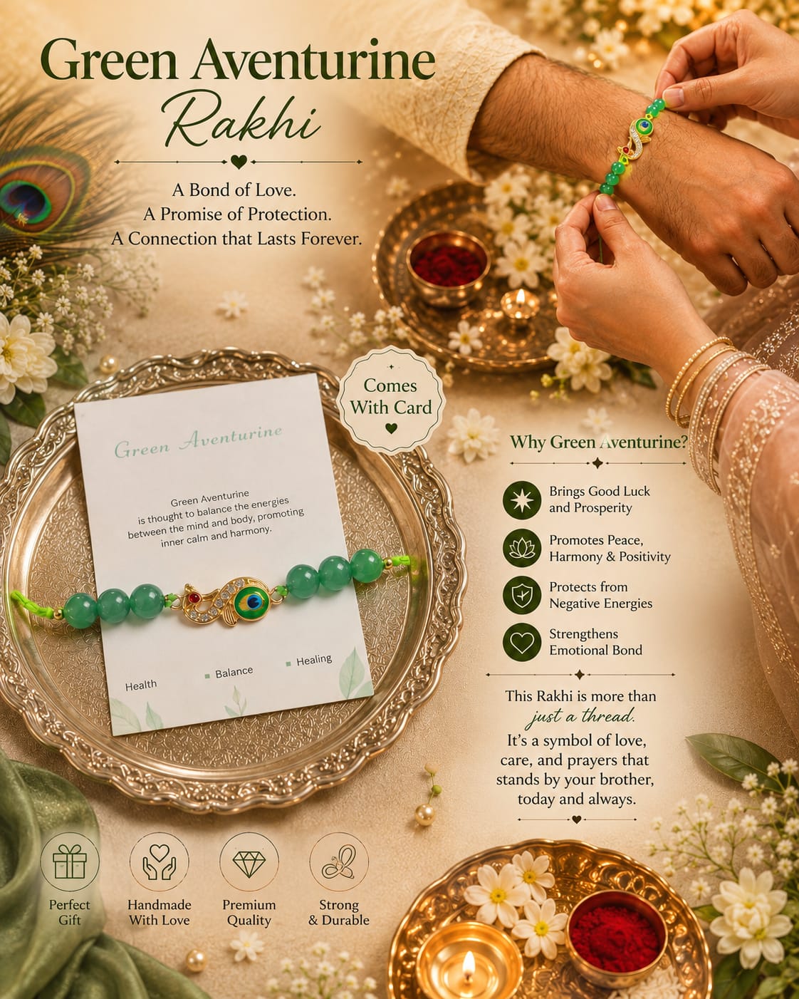 Green Aventurine Rakhi, Aventurine Rakhi, Green Stone Rakhi, Natural Stone Rakhi, Healing Stone Rakhi
