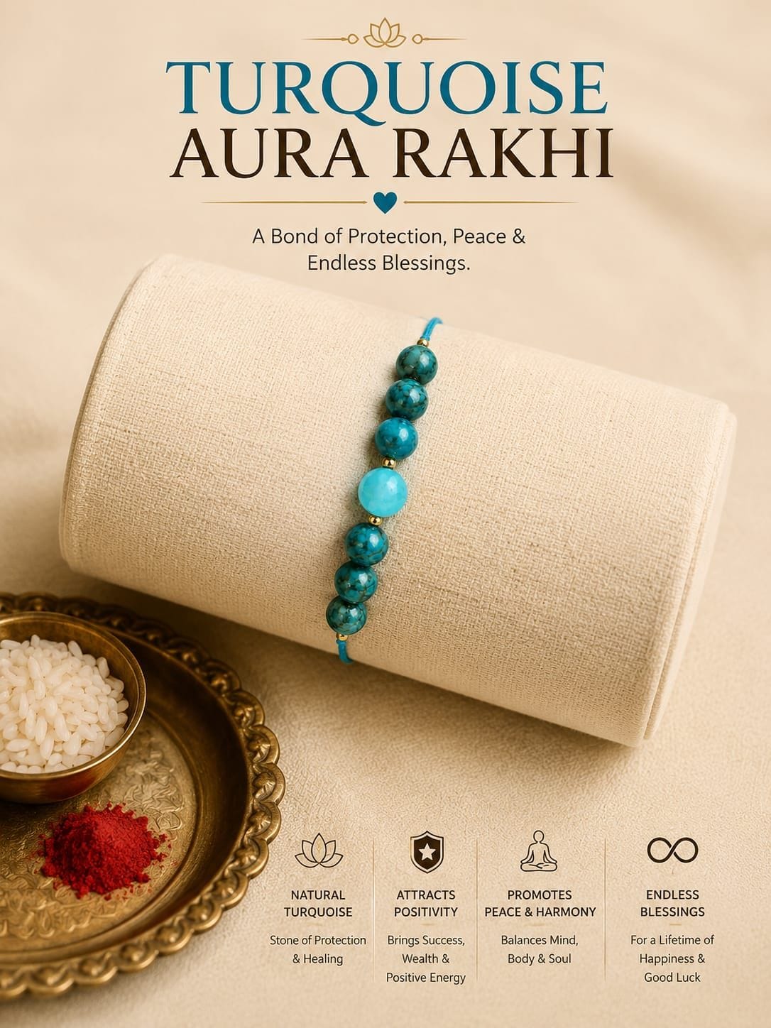 The Turquoise Aura Rakhi is a premium, handcrafted gemstone wristband traditionally given to a brother on Raksha Bandhan to represent protection, peace, and endless blessings.