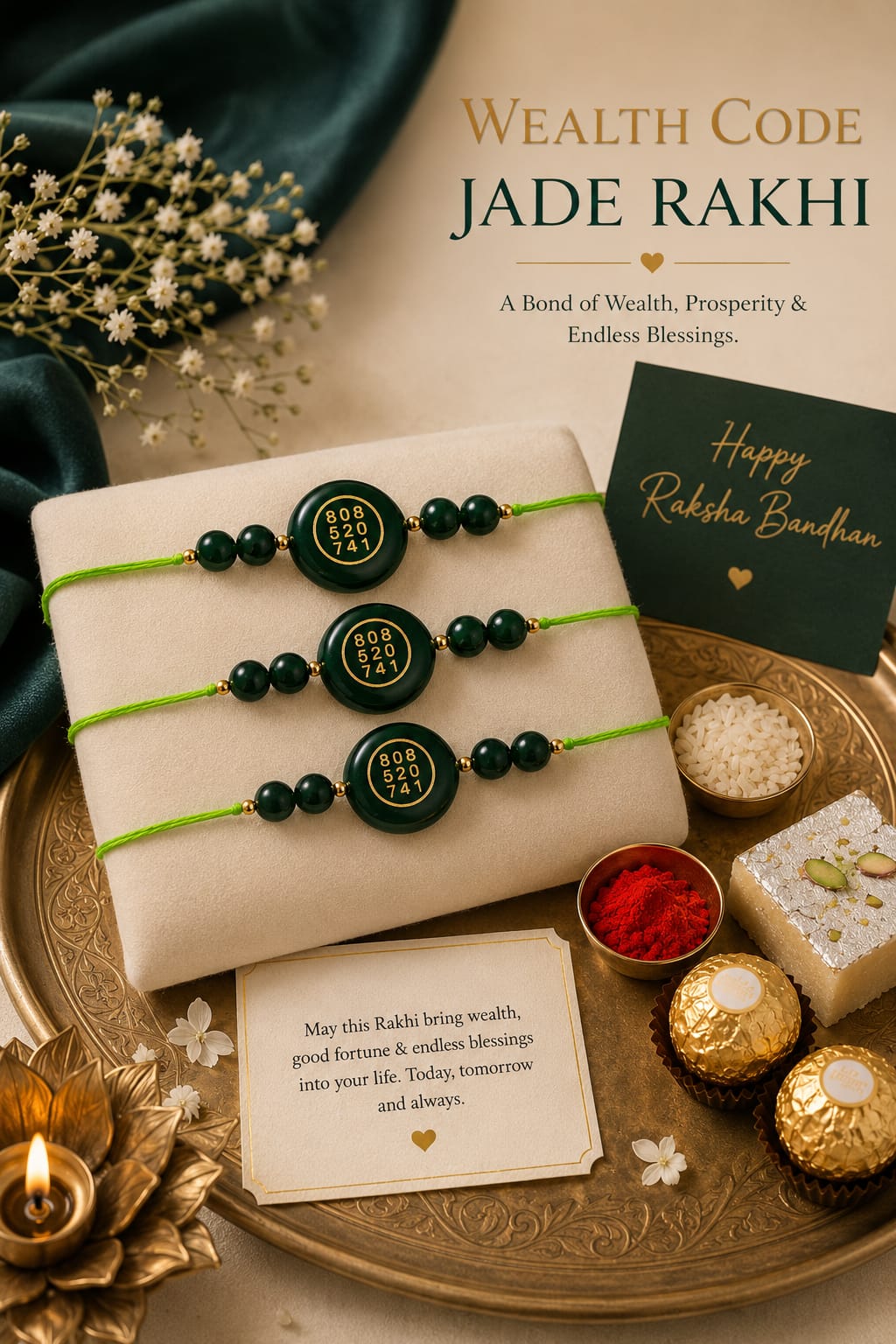 Crafted with beautiful green jade-style beads and a unique central wealth-code desig