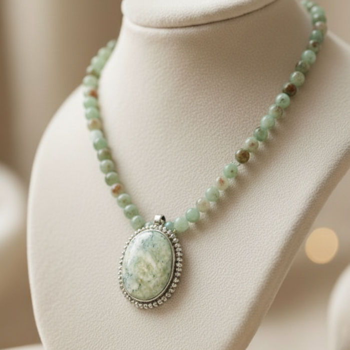 Green Agate with silver pendant with beads
