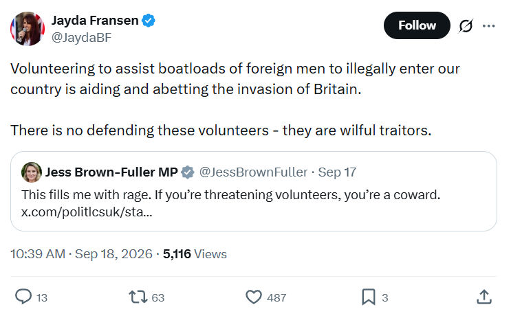Jayda Fransen: Volunteering to assist boatloads...