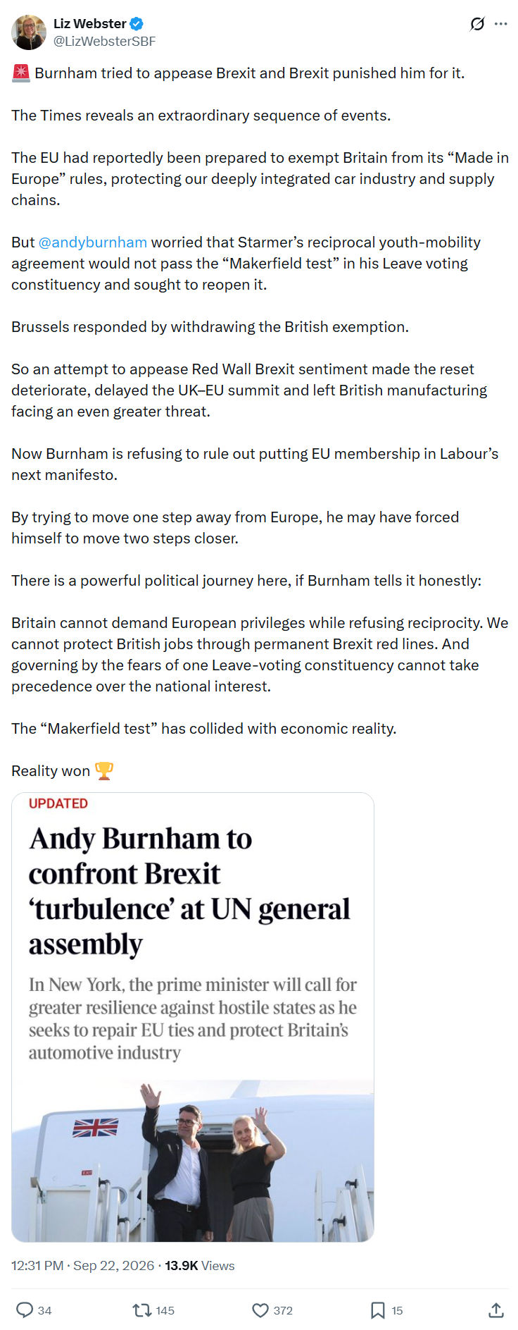 Liz Webster: Burnham tried to appease Brexit...