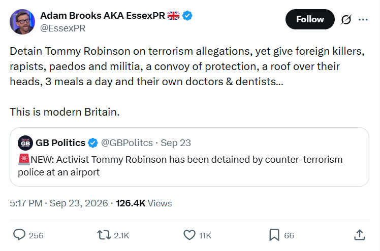 Adam Brooks: Detain Tommy Robinson on terrorism...