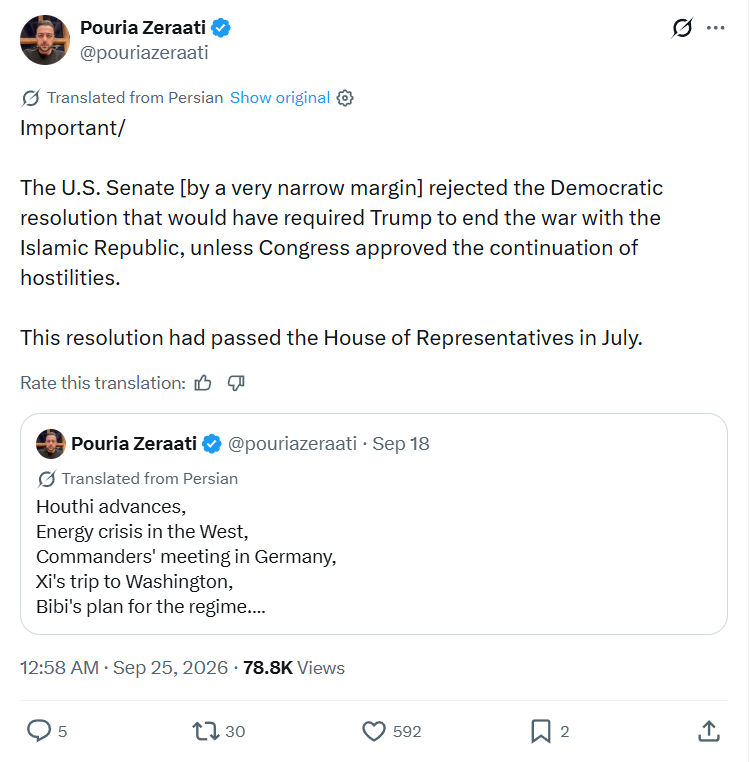 Pouria Zeraati: The U.S. Senate [by a very narrow...