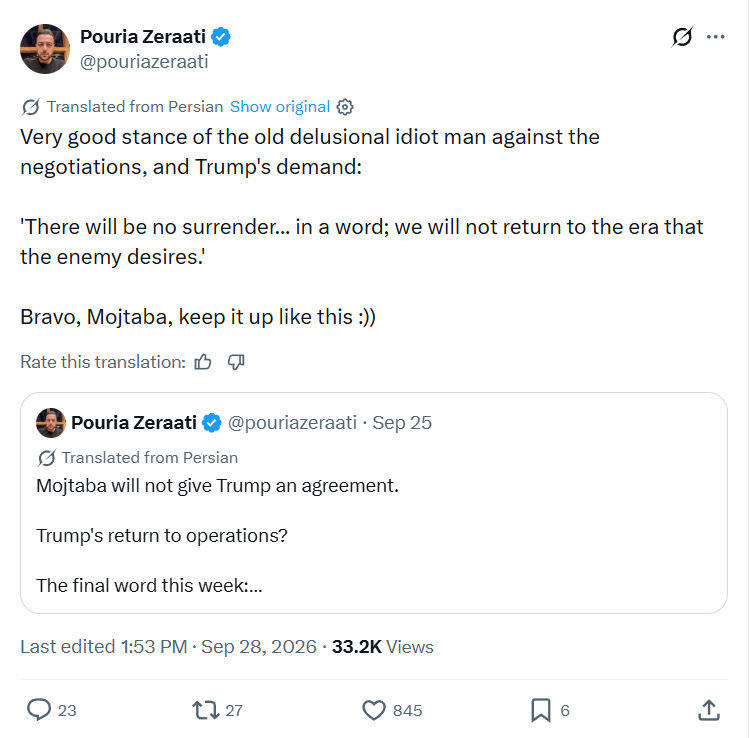Pouria Zeraati: Very good stance of the old delusional...
