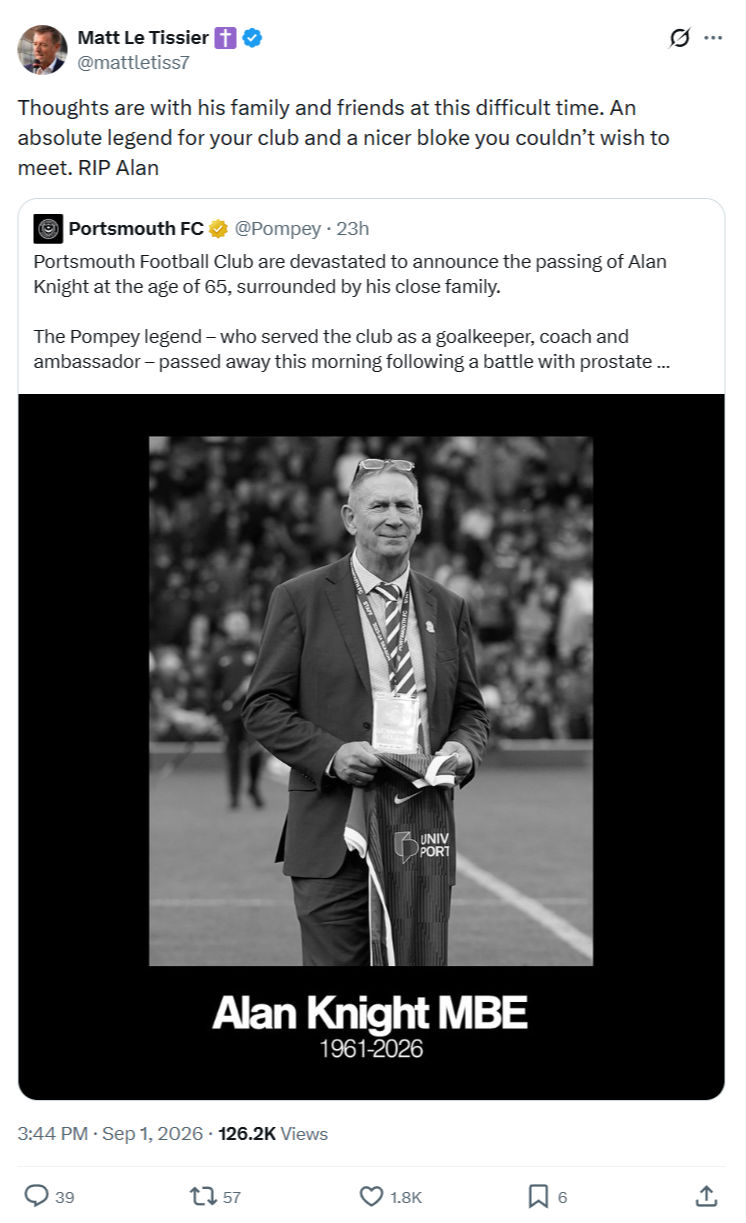 Matt Le Tissier: Thoughts are with his family and friends...
