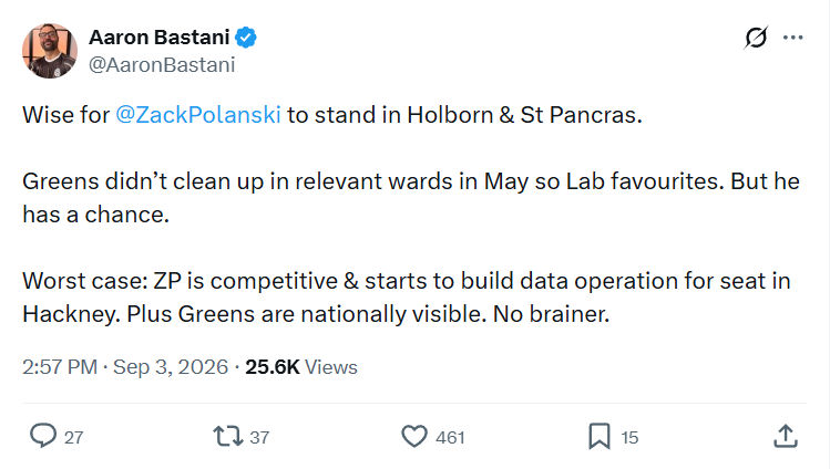 Aaron Bastani: Wise for @ZackPolanski to stand...