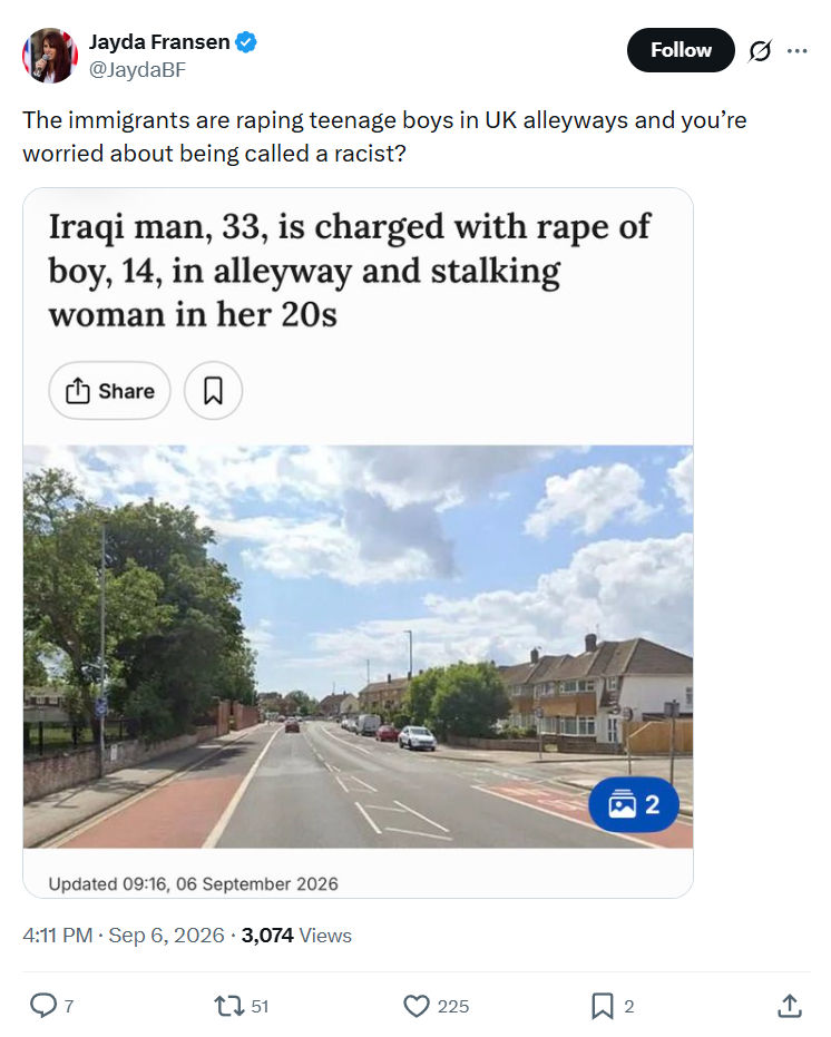 Jayda Fransen: The immigrants are raping...