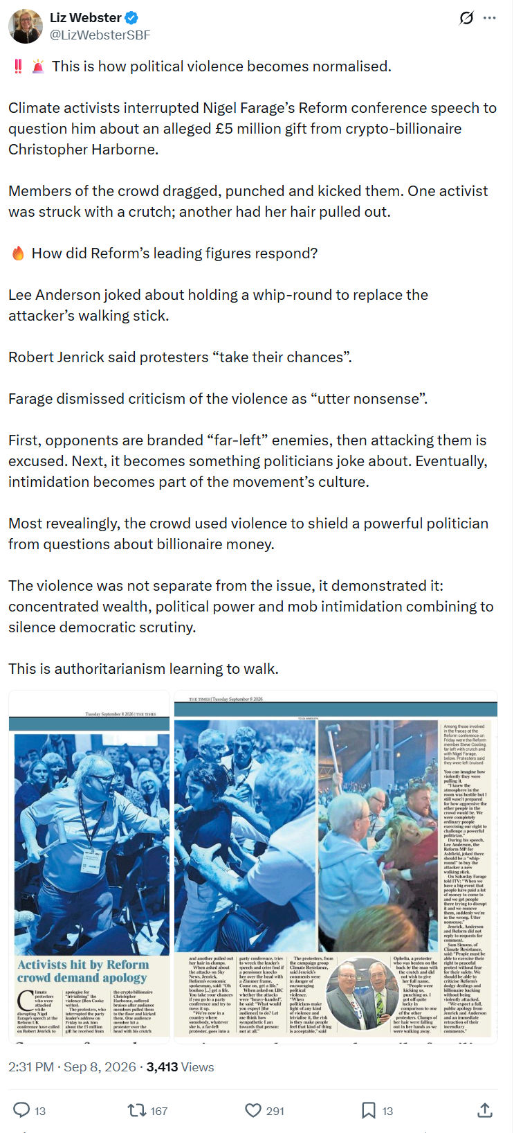 Liz Webster:  This is how political violence becomes...